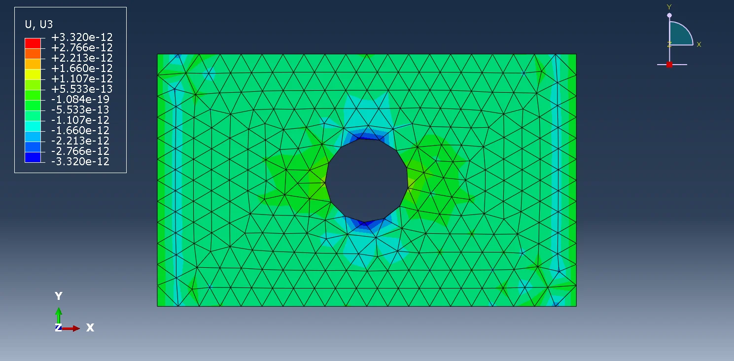 图3.12 带孔矩形薄板位移云图（U3方向，四面体网格，全局尺寸0.05）