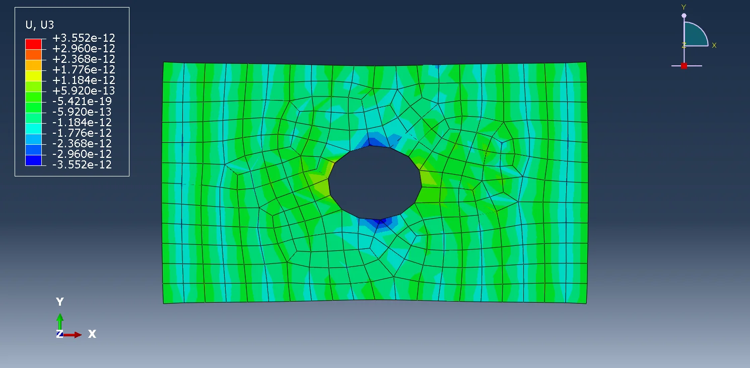 图3.6 带孔矩形薄板位移云图（U3方向，六面体网格，全局尺寸0.05）