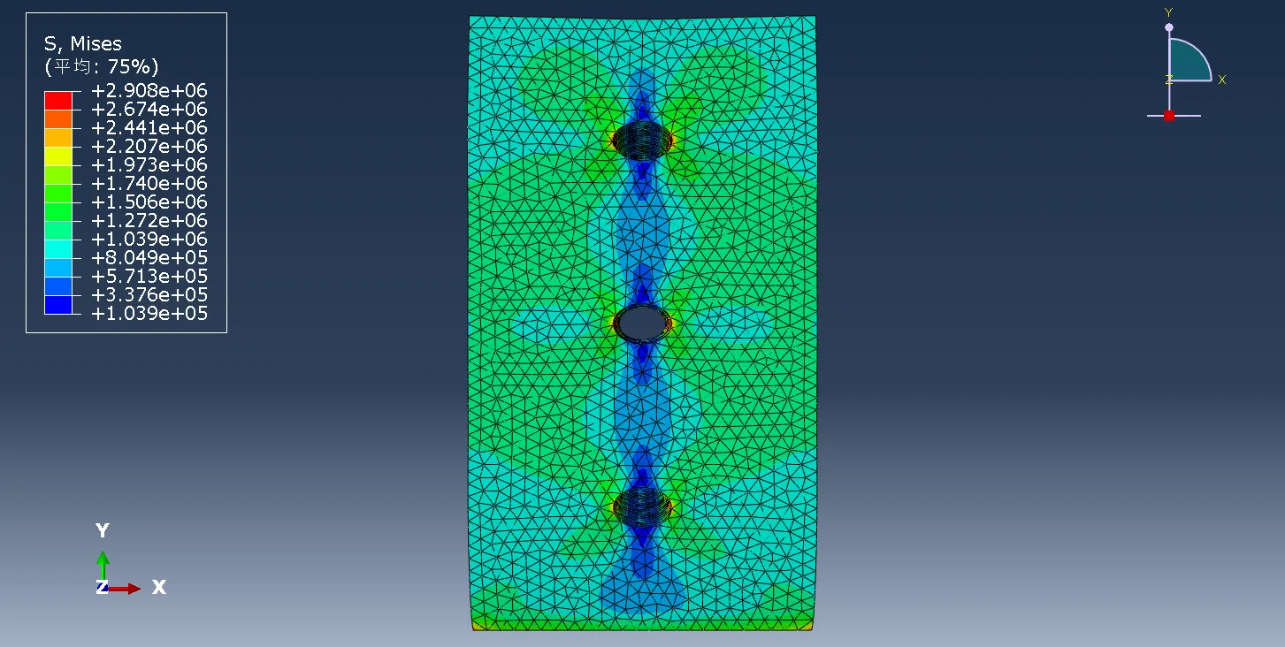 图3.10 方案2（钻孔1×3）试件应力云图（前视图）