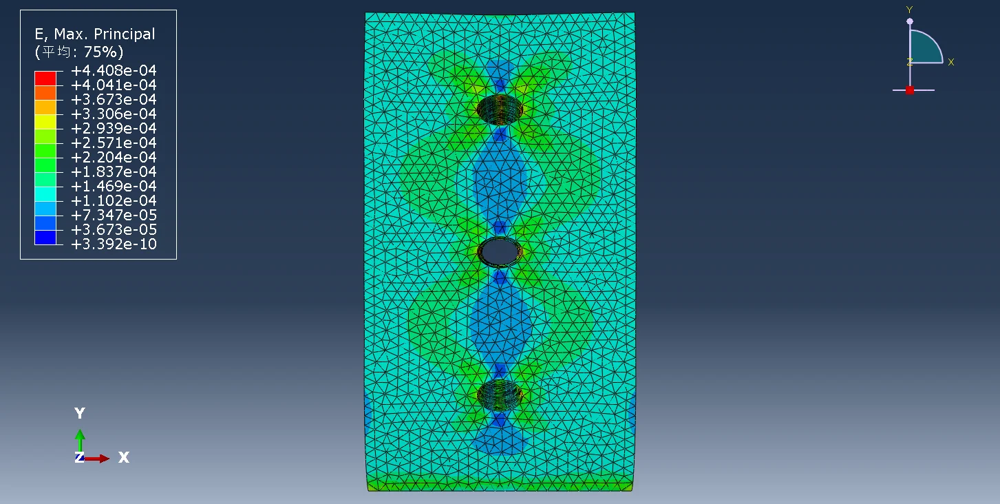 图3.12 方案2（钻孔1×3）试件应变云图（前视图）