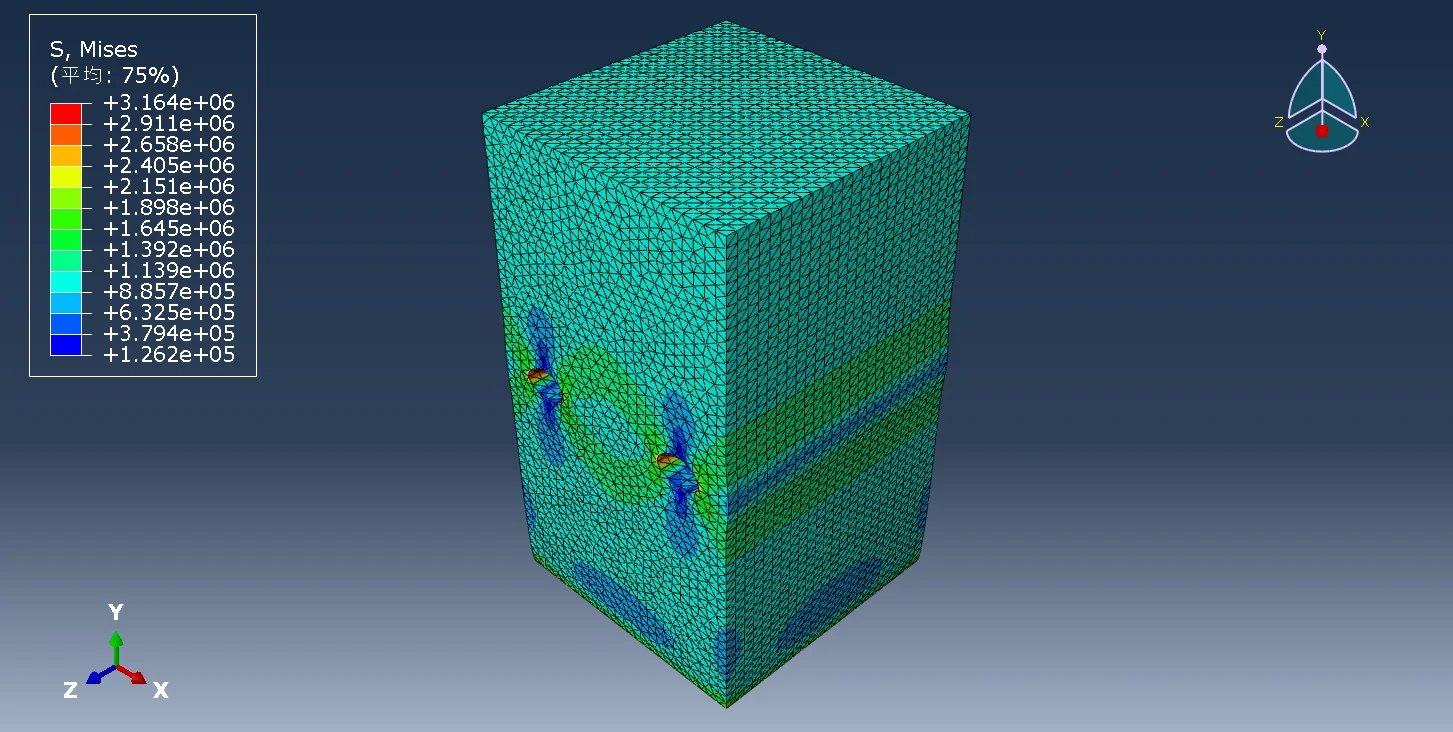 图3.16 方案3（钻孔2×1）试件应力云图（等轴视图）