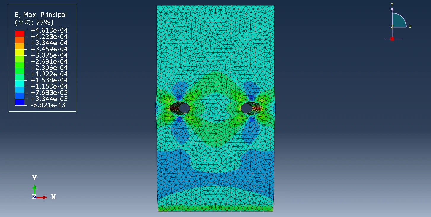 图3.19 方案3（钻孔2×1）试件应变云图（前视图）