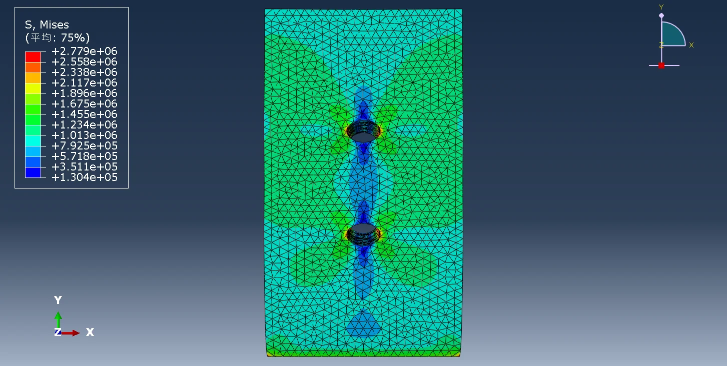 图3.3 方案1（钻孔1×2）试件应力云图（前视图）