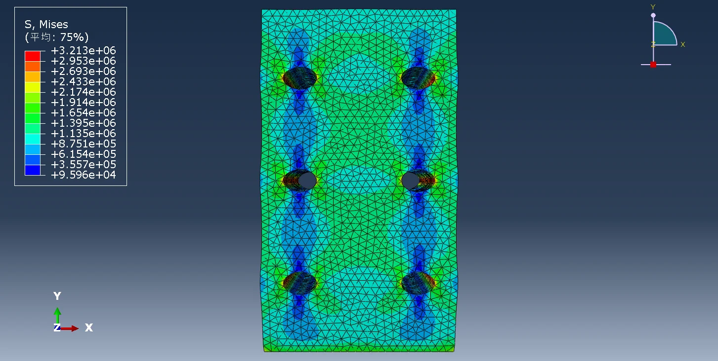 图3.31 方案5（钻孔2×3）试件应力云图（前视图）