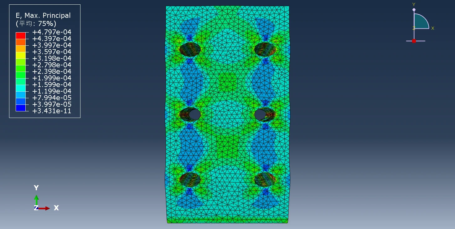 图3.33 方案5（钻孔2×3）试件应变云图（前视图）